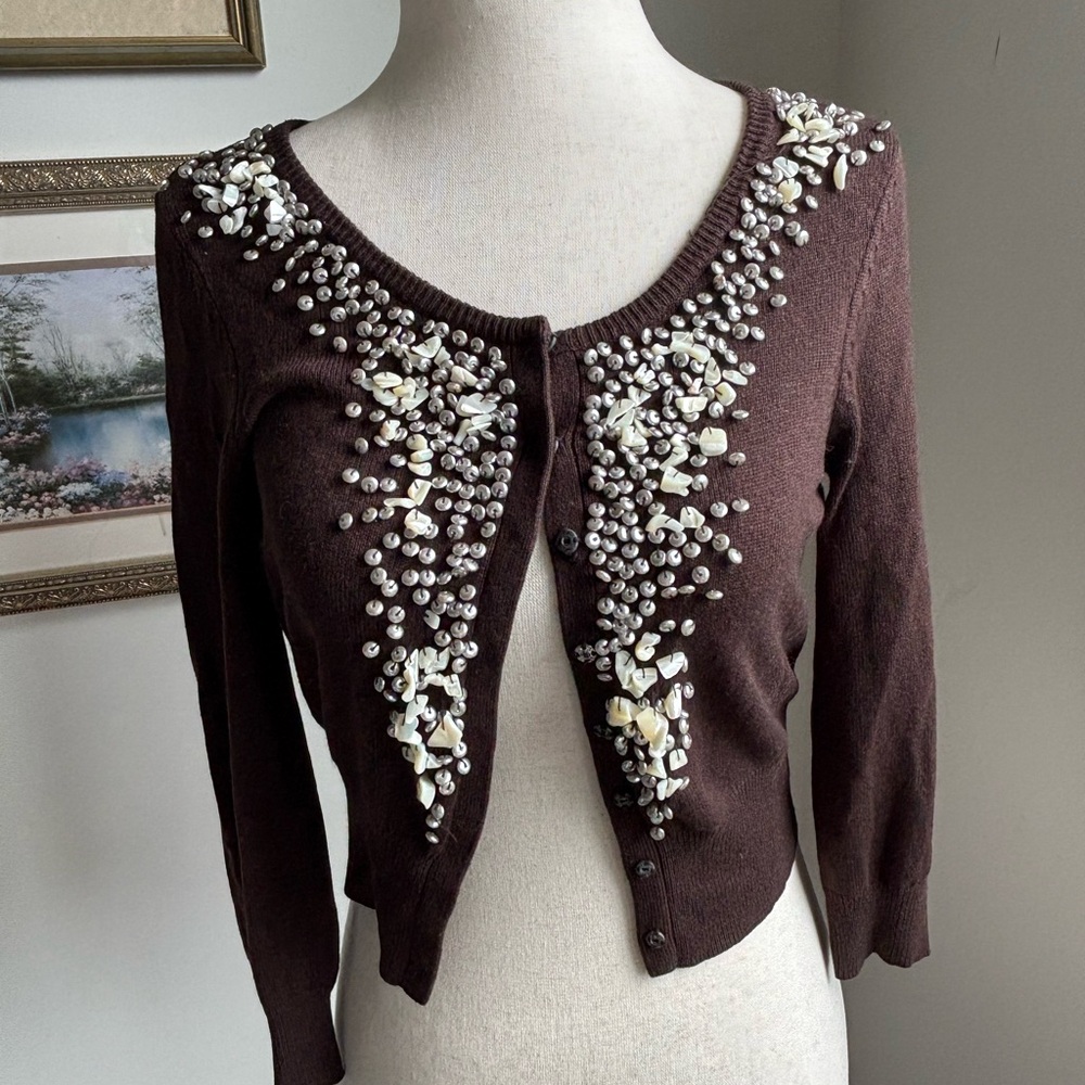 Bebe Brown Cardigan with Intricate Embellishments